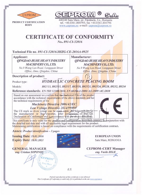 Concrete placing boom CE Certificate