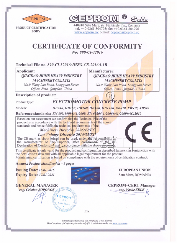 Electric concrete pump CE certificate